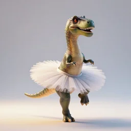 soft lighting CGI dinosaur dancing the ballet in a tutu