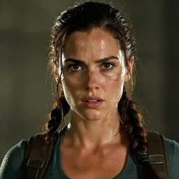 a film still of lara croft as batgirl, her face muddy and sweat, direct sun light, close up potrait, cinematic,