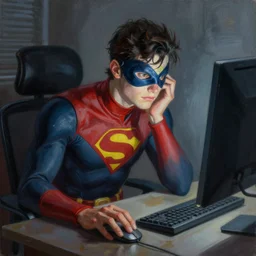 a insanely detailed painting of masked superhero wearing a costume sitting at the computer nervously clicking on the mouse in the style of peter mohrbacher, dramatic lighting and composition, trending on artstation