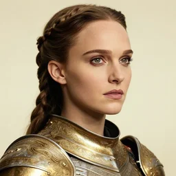 head and shoulders portrait of a female knight, young natalie portman, celtic hair braid, golden etched armor, lord of the rings, eldritch, by artgerm, alphonse mucha, face detail, etched breastplate, sharp focus, high key lighting, vogue fashion photo