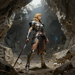 frank frazetta female warrior in grand cave, full body profile camera shot, ultra realistic, epic lighting from above, ue 5, zbrush, octane render
