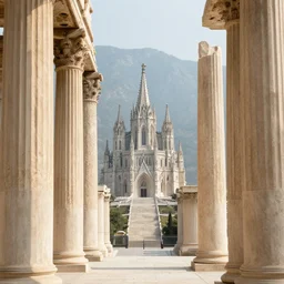 close shot angle from above of landcape, atmospheric perspective, large ancient giant colums!!!, gothic architecture!!!!, giant church of the gods!!!, mountains, sharp focus, smooth, clean