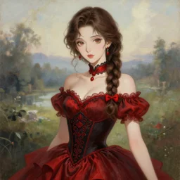 beautiful woman with braided brown hair, wearing an elegant dress, highly detailed, painting, red and black color palette, intricate, high quality anime artstyle, scenic view
