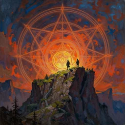 cliff of the mire, art by paul wenzel and matt fox and j. p. targete, trending on artstation, dramatic lighting low angle view sacred geometry, oil and canvas, epic fantasy, strong colors, line drawing