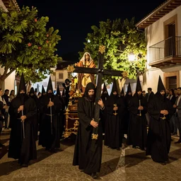 A Holy Week procession of souls in a lush Spanish village at night. A figure at the front holds a cross. El Greco.