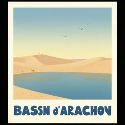 a neo retro poster of bassin d'arcachon lac, with a sand dune in the background (((with 3 birds in the sky))), australian tonalism, pale gradients design, matte drawing, clean and simple design, outrun color palette. painted by Morandi, Agnes Pelton