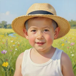 ! dream insanely detailed painting of benjamin netanyahu wearing a tank top and a strawhat in a flowery field, small river in background, close - up, serene, aesthetic, elegant, nature painting, happy, cute, by robert hagan and mark keathley