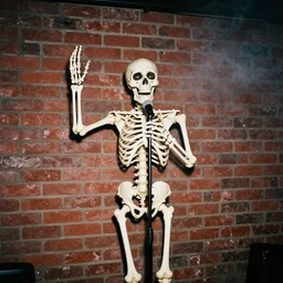 a funny skeleton doing stand up comedy show, red brick background, spotlight, smoky atmosphere, analogic grainy photo, 9 0 aesthetic