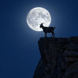 goat standing at the edge of a tall cliff in front of full moon, silhouette, night time, starry sky, moon light, blue mood, epic, art by hans dahl, by jesper ejsing, art by anders zorn, highly detailed, wonderful masterpiece by greg rutkowski, dust, cinematic light, sharp focus, american romanticism by
