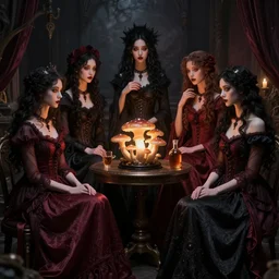 the kombucha mushroom people sitting around, gothic, rich deep moody colors