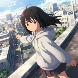 anime visual portrait of a young black haired girl wearing hoodie sightseeing above the urban city school rooftop sunny day dramatic lighting dynamic perspective posing by yoh yoshinari