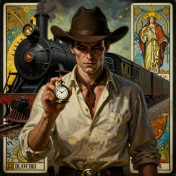 a dramatic moody symmetrical painting of a suspicious villainous handsome cowboy holding a pocketwatch | his shirt is unbuttoned | background is the front of a steam train locomotive | tarot card, art deco, art nouveau, homoerotic | by Mark Maggiori and Tom of Finland (((and Alphonse Mucha))) | trending on artstation