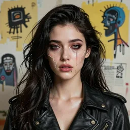 ultra detailed, fashion, broken heart, beautiful woman, tears, surreal, in style of jean - michel basquiat, trending on artstation