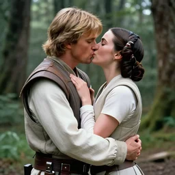 luke skywalker, princess leia and han solo hugging and kissing in the forest of endor at the end of return of the jedi, faster, more intense