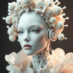 complex 3 d render hyper detailed ultra sharp scifi futuristic beautiful biomechanical humanoid woman with porcelain ivory face, medium shot rim light portrait, close - up, iris van herpen cyberpunk daisies corals haute couture headdress with rhizomorph finials spires, brackets, fractal embroidered puffballs, filigree lace, octane render, 8 k