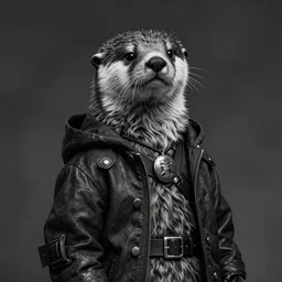 anthropomorphic otter in costume, naranbaatar ganbold, concept art, highly detailed, eddotorial illustration, b & w, noir