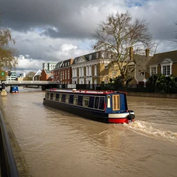 a canal boat arriving at a flooded london underground tube station