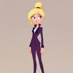 a tall skinny blonde bunny woman with her hair in a bun and purple eyes, wearing a dark purple suit, cartoony