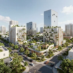 a sustainable mixed - use post - modern post - growth walkable solarpunk urban neighborhood