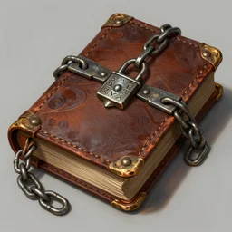 detailed digital art of an ancient leather-bound spellbook with heavy metal chains and large locking metal clasps inscribed with runes; magic the gathering art by Volkan Baga, rk post, Lindsey Look, artstation