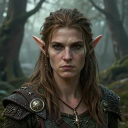 a close - up headshot illustration portrait of an elf druid standing in deep old misty forest, d & d character portrait, pathfinder, 4 k, art by tim hildebrandt and frank frazetta and gerald brom