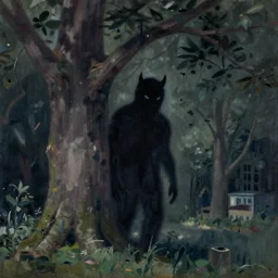 shadow monster hiding behind a tree, in the style of a Edward Hopper painting, eerie,