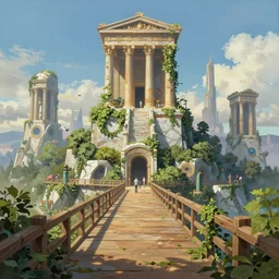 bushes fall time futuristic grec greeble temple of olympus glory  sci-fi city of Atlantis  hill valley grec greeble wood bridge painting of tower  ivy plant   in marble , behance hd by Jesper Ejsing, by RHADS, Makoto Shinkai and Lois van baarle, ilya kuvshinov, rossdraws global illumination
