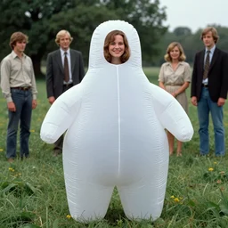 an ample woman dressed as a squishy inflatable toy, smiley passersby, in a meadow, film still, terrence malick, 1973 technicolor