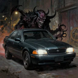 the evil car, a compelling, complicated, grim, yet thoughtful painting by drew struzan