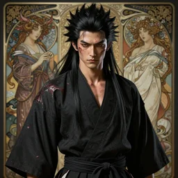 demon martial artist, battle - scarred, handsome japanese demon boy, young adult yokai with long spiky black hair, vampire, vantablack gi, simple clothes, ultra realistic, intricate details, highly detailed, subsurface scattering, photorealistic, octane render, 8 k, art by artgerm, greg rutkowski, magali villeneuve, alphonse mucha
