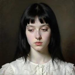 oil portrait of a beautiful pale - skinned girl, in a white lace blouse, with black hair and short bangs, the corners of the eyes are turned down, small nose with piercing and a ring is inserted, brown eyes, long eyelashes, plump lips by francisco goya