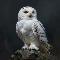 an extremely detailed masterpiece surreal painting of a snow owl on a rock, in the style of brian froud, brian despain, brian bolland, digital art, unreal engine, volumetric lighting, dark moody lighting, post apocalyptic, 4 k