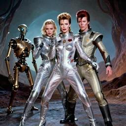 a portrait of milla jovovich and david bowie wearing a rocknroll glitzy glamour spacesuit, beautiful, heroic action pose, a friendly android, stunning alien landscape, cinematic, film grain, 5 5 mm f 1. 4 lens wide shot, in the style of kubrick, ridley scott, jodorowsky, dune, star wars, unreal engine