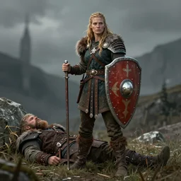 a Norse shieldmaiden standing protectively over a fallen Viking, her shield at the ready, in the style of loish on DeviantArt, digital art