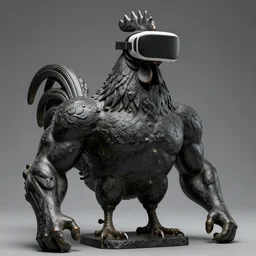 a portrait of monumental muscular rooster antique statue in vr helmet, black rock statue material, studio light, hasselblad photo, 8 k resolution, octane render, character design, digital art
