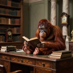 long shot, whole room view, orangutan known as the librarian sitting on antique desk, reading a book using his feet, medium bookshelves, grandfather clock, tall marble columns in the background, epic, master, illustration, concept art, 4 k