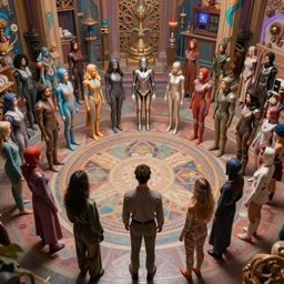 love, diverse internal cybersuits, from behind, connection rituals, wide wide angle, vivid, elaborate, highly detailed, beautiful lighting