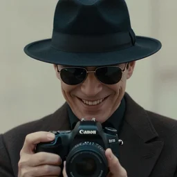 film still, extreme long shot, of an enigmatic mysterious man, making a creepy smile, face unseen by wearing a luxury designer fedora and chopard sunglasses, expensive outfit, elegant, casual, intricate, rich moody colors, by annie leibovitz, canon eos 5 d mark iv camera