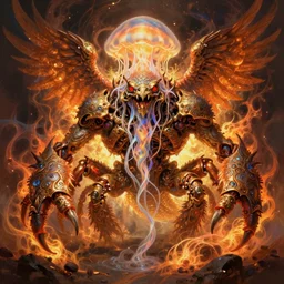 monster character design, fantasy. intricate jellyfish crab eagle lizard biomechanical. by rembrandt, illustration, by digital painting, wlop, higly detailed, fractal flame, by konstantin razumov, psychedelic