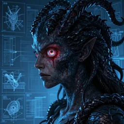 portrait of dark hydra head and shoulders with single centered giant bloodshot eye, in the style of Greg Broadmore and Arthur Rackham,trending on artstation, light lighting side view,digital art,surrealism ,macro,blueprint ,vaporwave ,