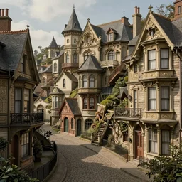 a multi - level steep victorian dickensian village, art nouveau, baroque winding cobbled streets, style of arcane, magic the gathering, misty alleyways, tiled roofs, balconies, medieval tumbledown houses, st cirq lapopie, by brian froud and mucha and alan lee