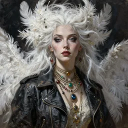 highly detailed oil painting, white feathers, dusty black leather jacket, beautiful elegant demon queen, shadows, beautiful face by leyendecker, white hair, dozens of jeweled necklaces, by greg rutkowski, brom, anato finnstark, alphonse mucha, cinematic lighting,
