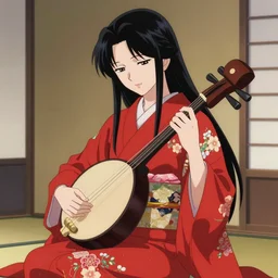 portrait of a long haired woman wearing a red kimono playing a biwa in traditional japanese house, delicate, detailed long black hair, detailed flower pattern kimono, elegant, anime key visual, fukaya yuichiro