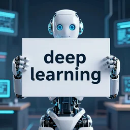 a robot holding a sign that reads deep learning