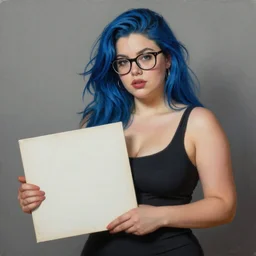 realistic painting of a beautiful seductive curvy blue hair woman with glasses holding a blank LP cover