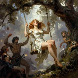 Jane swinging from a tree , by Frank Frazetta, Greg Rutkowski, Boris Vallejo, epic fantasy character art, Exquisite detail, post-processing, low angle, masterpiece, cinematic