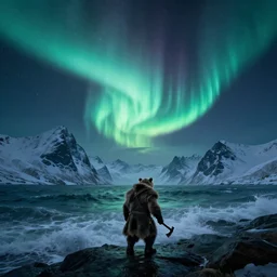 dim northern lights under a dark but starry sky, galaxy center remotely visible, roaring ocean in front, towering epic snowcovered mountains in background, with a bearskin clad viking with an axe, coming ashore, an epic fantasy, volumetric light, detailed, establishing shot, an epic fantasy, trending on art station, octane render, midsommar