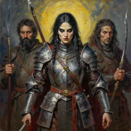 portrait of a frightening powerful knight goddess of shamans, oil on canvas, by jeffrey catherine jones and enki bilal and winslow homer