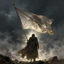 a huge cloak standard - bearer ， huge flag, towards the storm, intricate. back, magic light dust, ， dim lighting, unreal engine 5, concept art ， by greg rutkowski, loish, highly rendered, digital painting, artstation, artstation hq, mysterious toplight 8 k