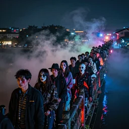 中 国 鬼 节, long procession of the dead is queuing up on the naihe bridge, psychedelic lights and fog, zdzislaw, ayami kojima, yamamoto, barclay shaw, karol bak, hyperrealist, 8 k